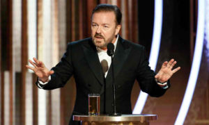 Ricky Gervais addressing the Golden Globes 2020